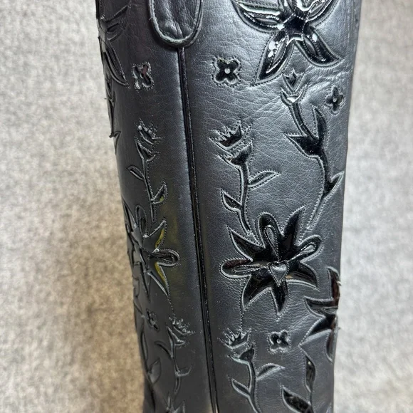 Liberty Boot Co Black Leather Cowboy Boots Sz 7B Tall Floral Cutout Western - Picture 10 of 15